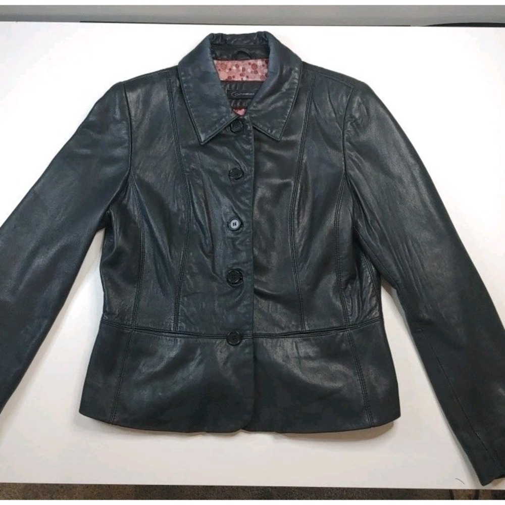 Vtg Y2K Context Leather Jacket Women's Size Large Black Pockets Lined Biker